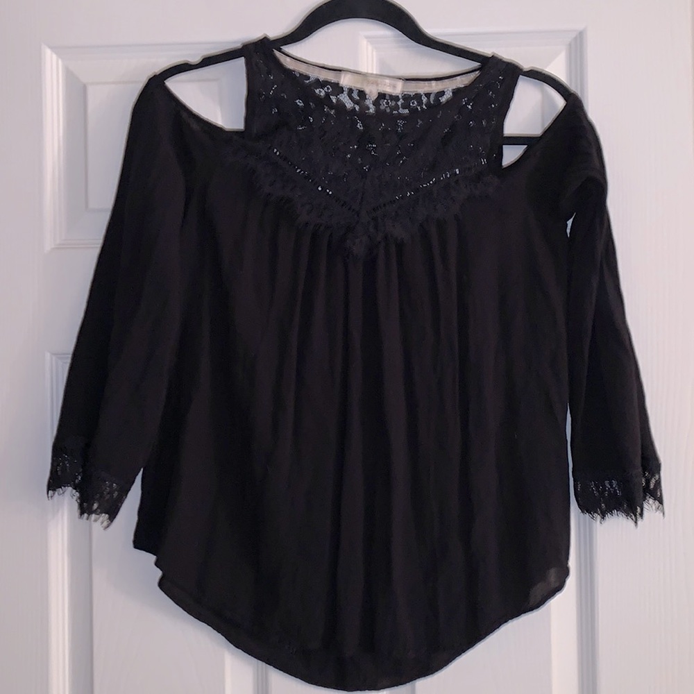 Open shoulder black sheer top with lace accents